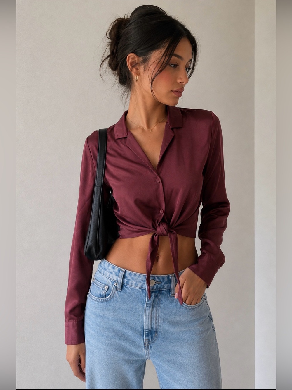 Wilfred Tie Front Cropped Satin Blouse in Deep Burgundy Wine